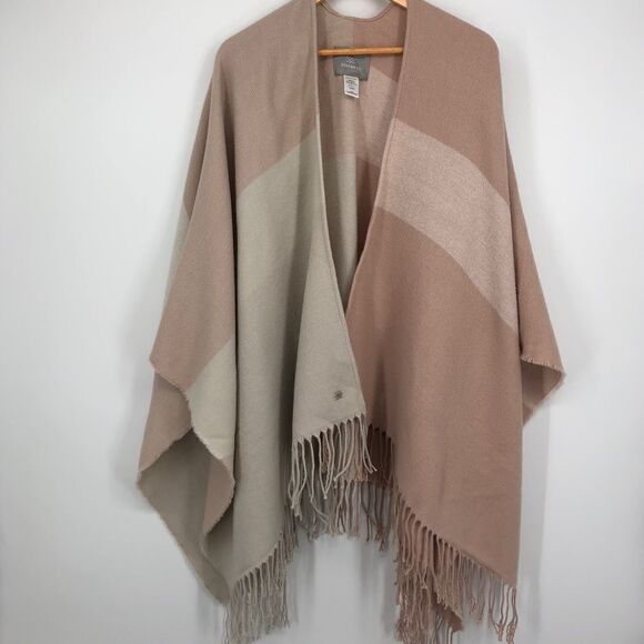 Soia & Kyo Mirel Woven Scarfigan Pink Beige Colorblock Fringe One Size Cozy Warm - Picture 4 of 13